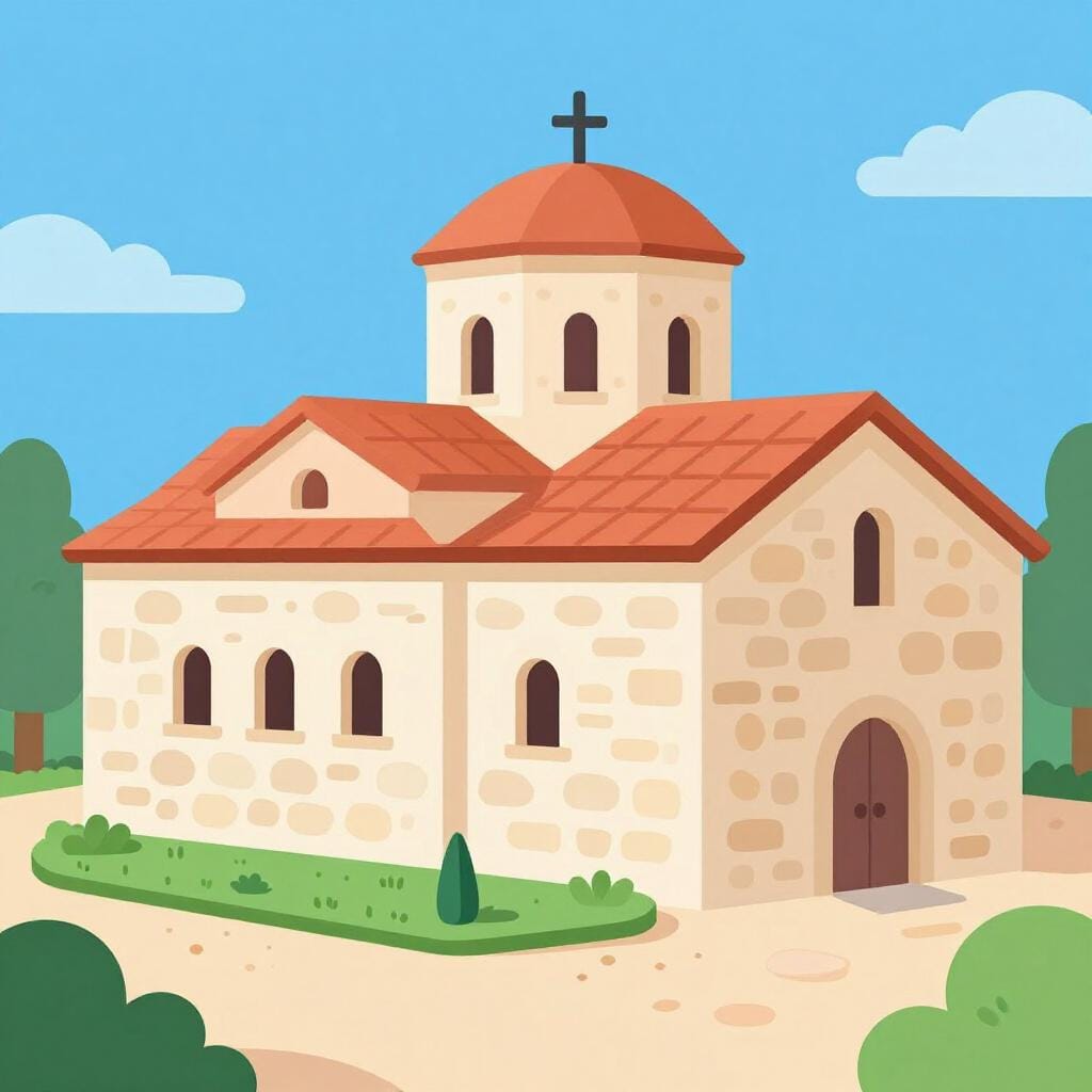 A peaceful stone building with arched windows and a clay tile roof, surrounded by a simple garden and a stone wall.