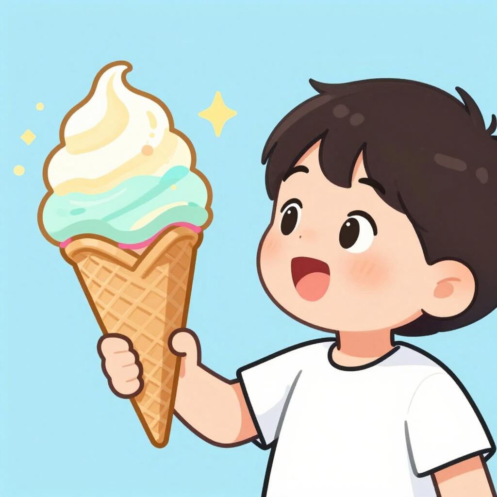 A child looking longingly at a delicious, colorful ice cream cone with bright eyes.