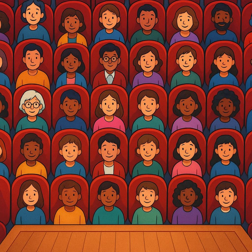 An overhead view of a brightly lit theater auditorium where every single red velvet seat is occupied by a person watching a stage, depicting a full house.