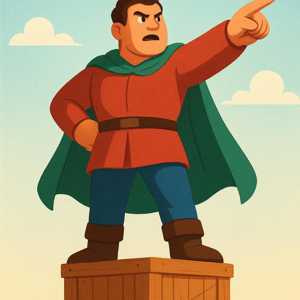 A storybook illustration of a person standing on a crate, pointing forward with a powerful, demanding gesture and a stern facial expression.