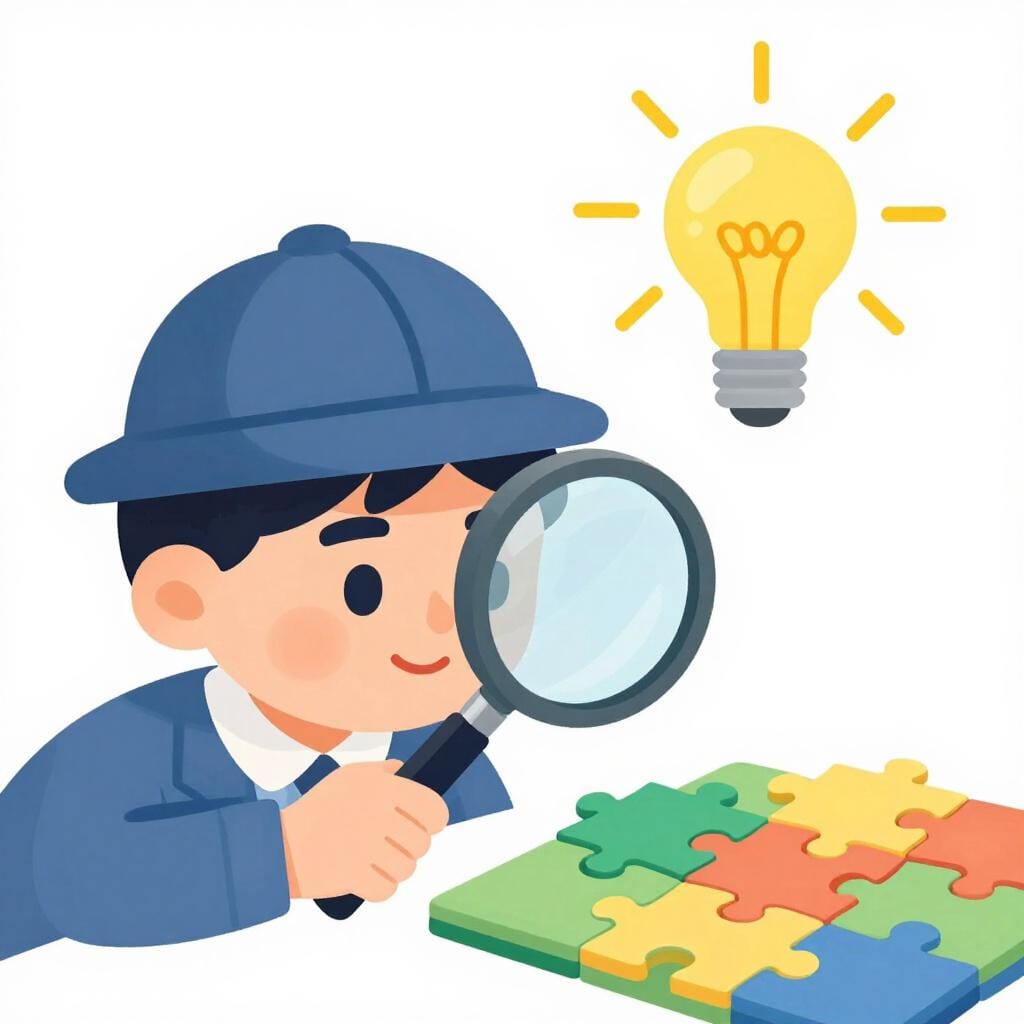 虫眼鏡で複雑なパズルを見ている人で、頭の上に電球が光っている。