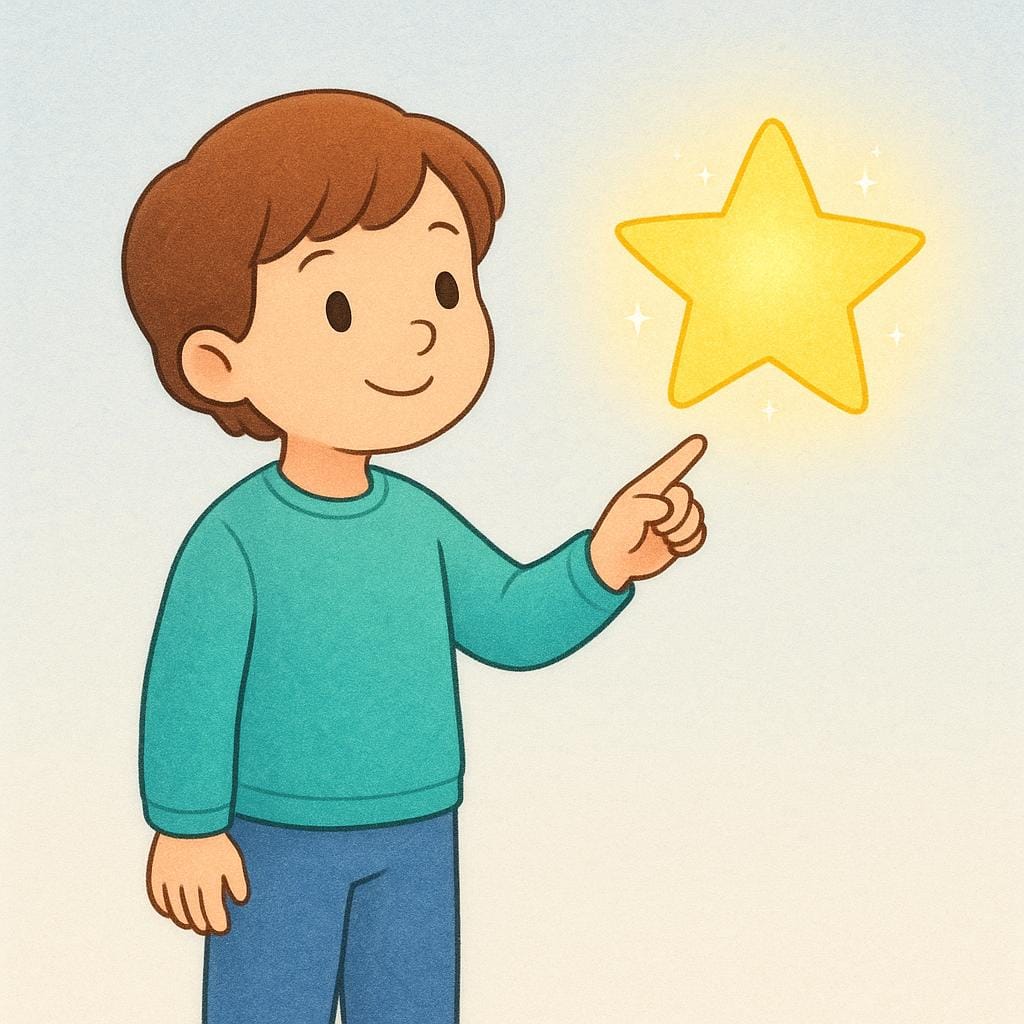 A simple illustration showing a person pointing their finger towards a brightly colored star floating in the air, signifying they are referring to it.