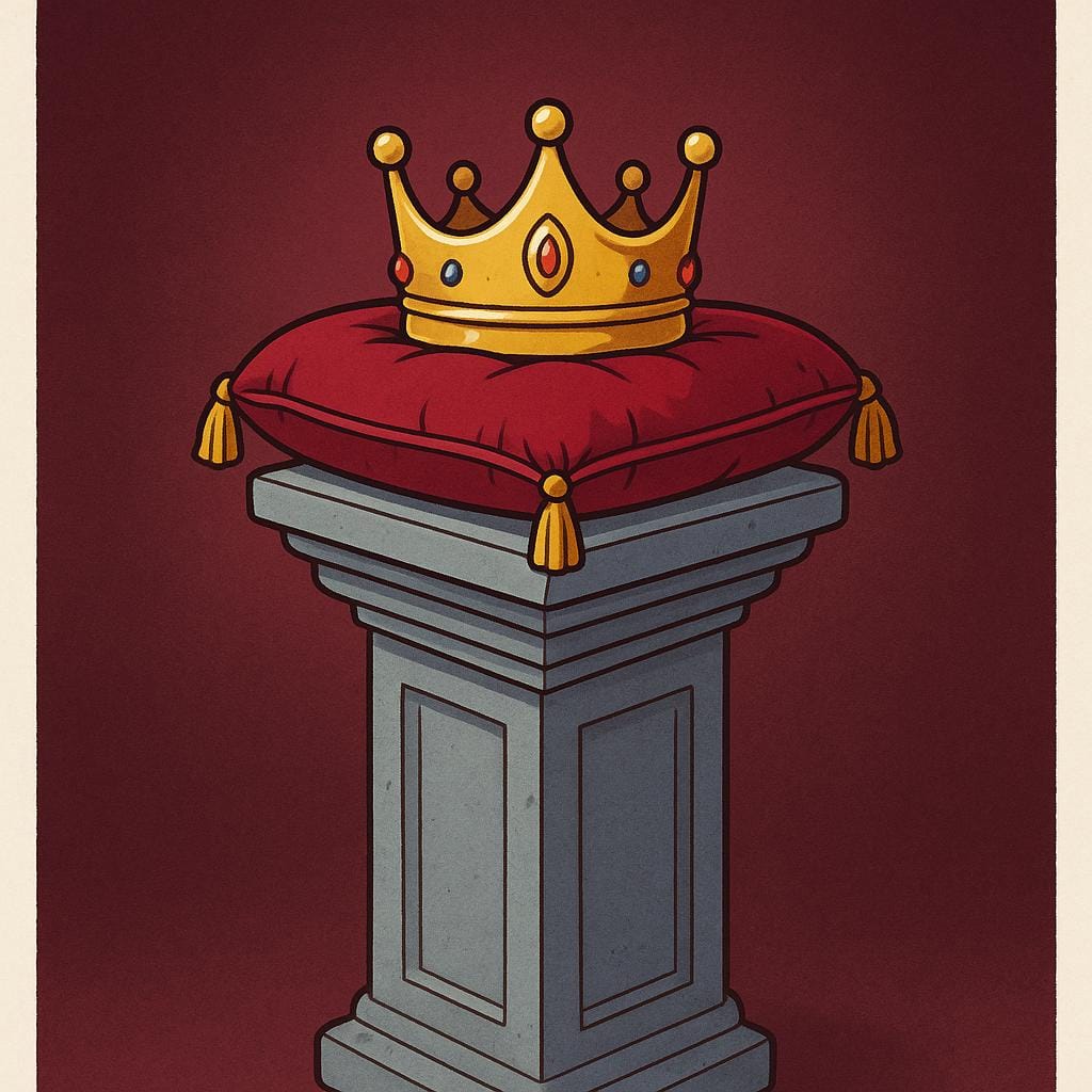 A small, ornate gold crown resting alone on a deep red velvet cushion, symbolizing a former position or status.