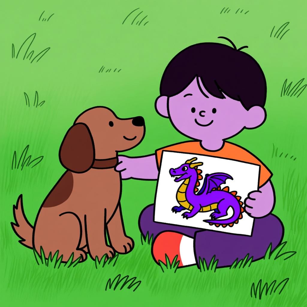 A high quality illustration showing a small child next to a real, friendly dog, while the child holds a drawing of an imaginary creature.