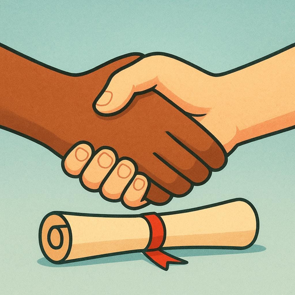 Two stylized hands clasping in a handshake over a small, rolled-up document scroll tied with a ribbon, symbolizing a contract or agreement.