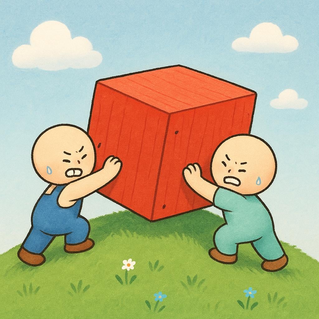 A simple storybook illustration showing two small, colorful characters actively working together to push a large, brightly colored square block up a gentle, grassy incline.