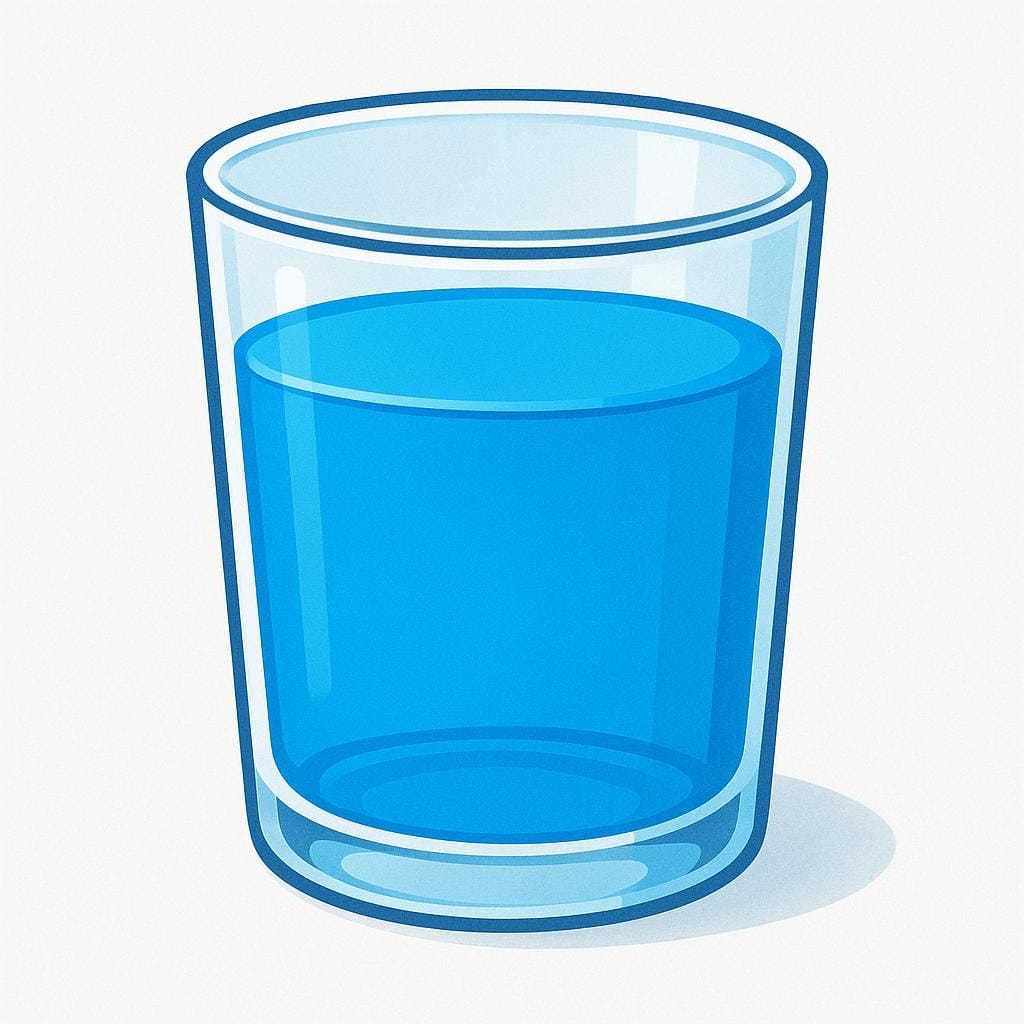 A clear, simple glass cylinder where the blue liquid inside is visibly rising towards the top edge, symbolizing an increasing level.