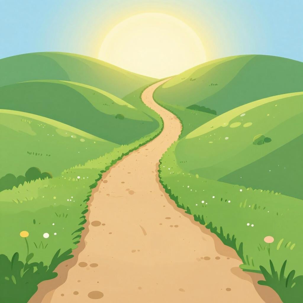 A winding path that disappears into a bright, glowing horizon between two green hills.