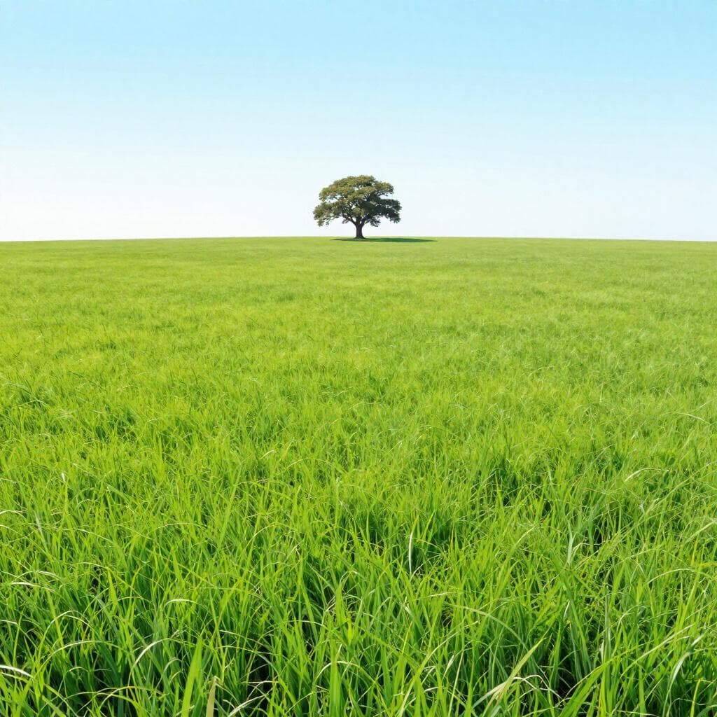 A vast, lush green field of grass extending to the horizon under a clear blue sky.