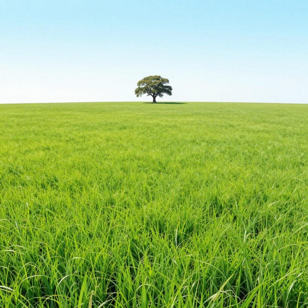 A vast, lush green field of grass extending to the horizon under a clear blue sky.