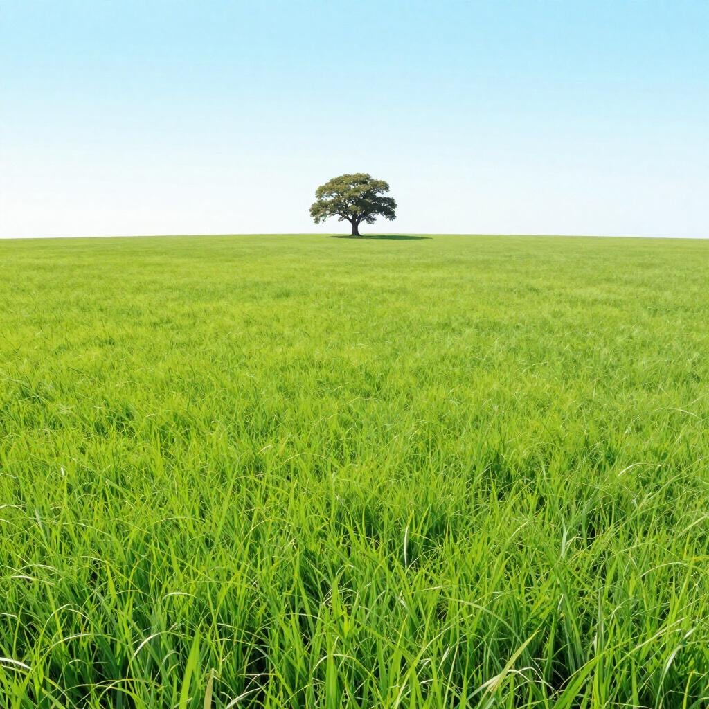 A vast, lush green field of grass extending to the horizon under a clear blue sky.
