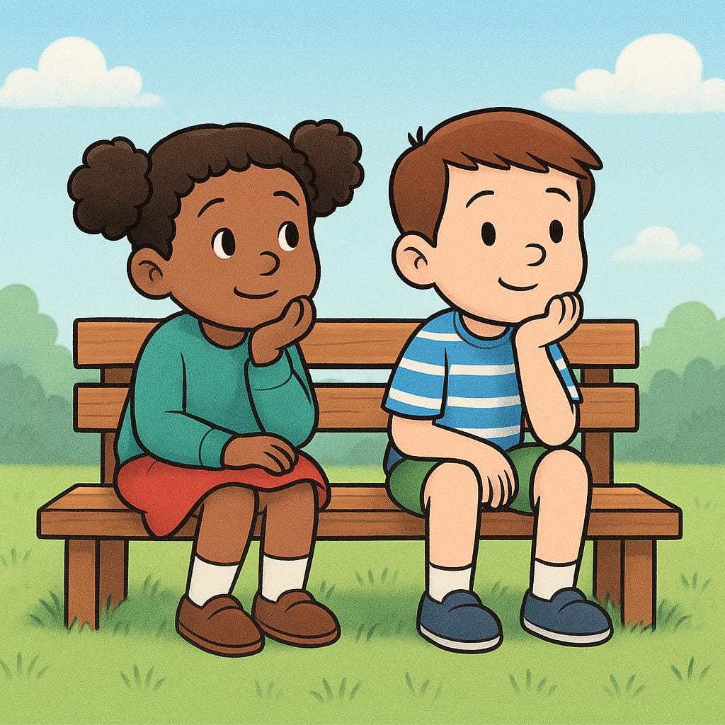 Una semplice illustrazione da libro per bambini che mostra due bambini dei cartoni animati seduti fianco a fianco su una panchina di legno, entrambi con una mano sul mento in posa pensierosa.