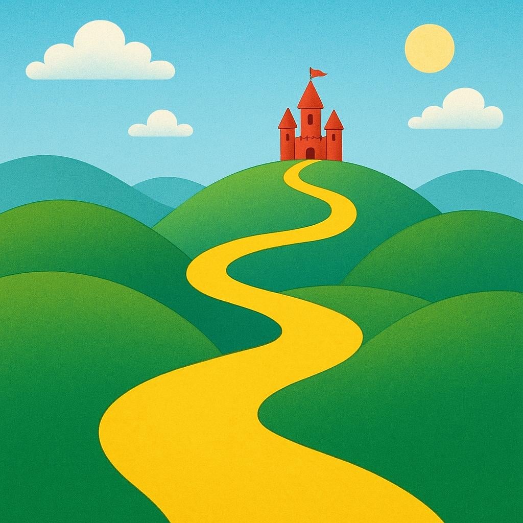 A winding, colorful path or yellow brick road leading through rolling green hills towards a simple, distant red castle.