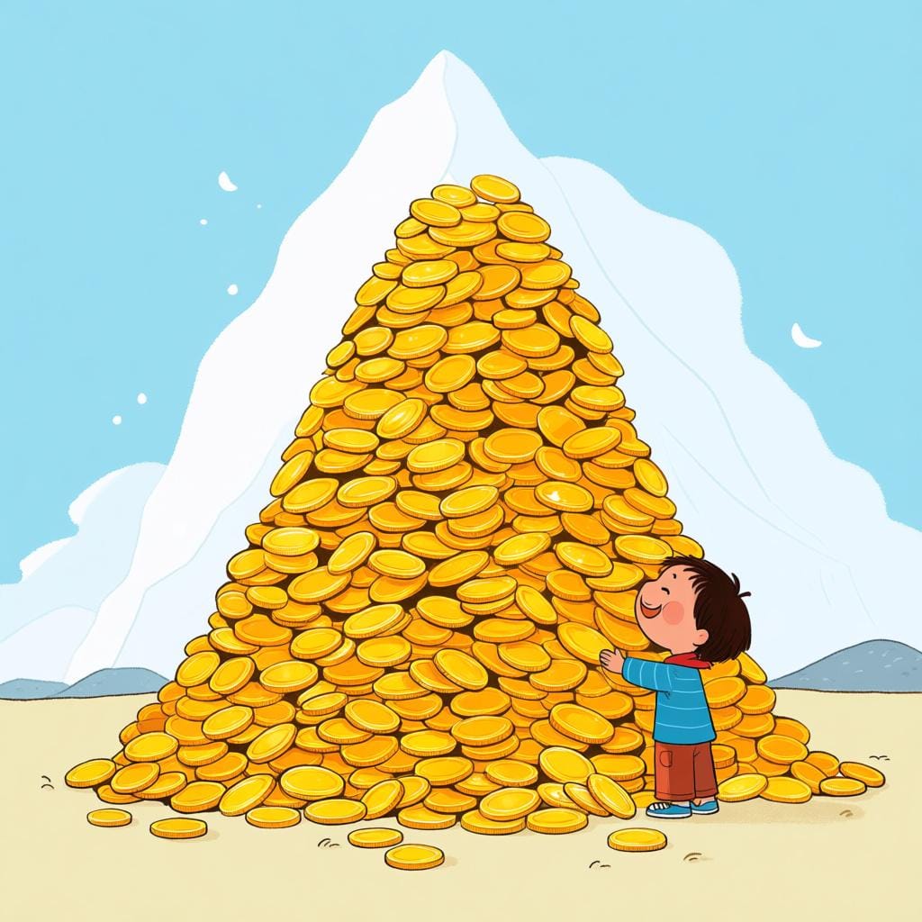 A tiny, happy cartoon child stands next to an enormous, towering pile of shiny gold coins, illustrating a massive quantity of millions.
