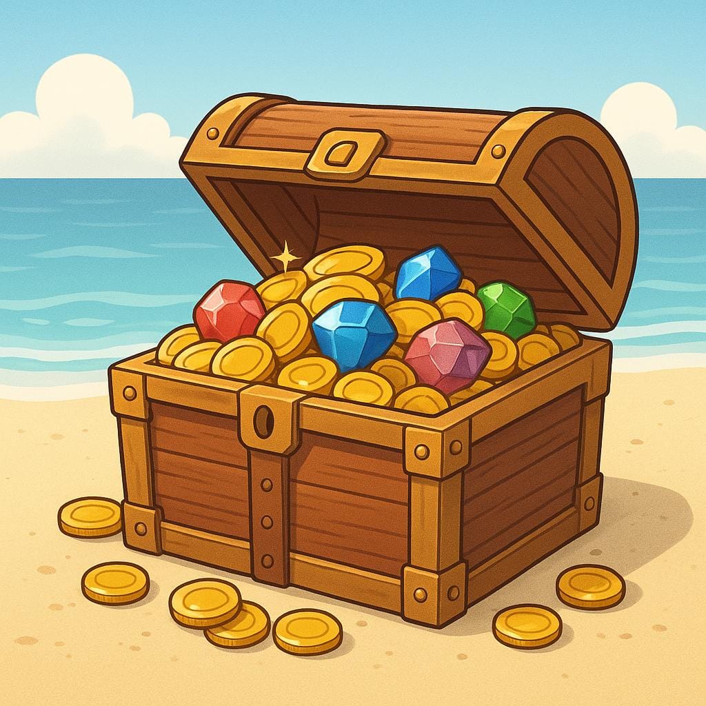 An open, wooden treasure chest overflowing with shiny gold coins, necklaces, and colorful gems, sitting on a sandy beach.