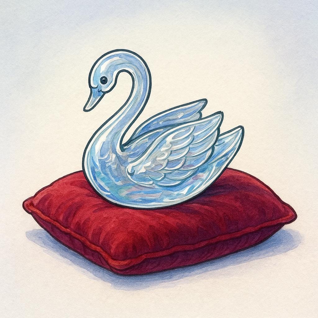 A clear glass swan figurine resting gently on a soft, red velvet cushion, emphasizing its fragility.