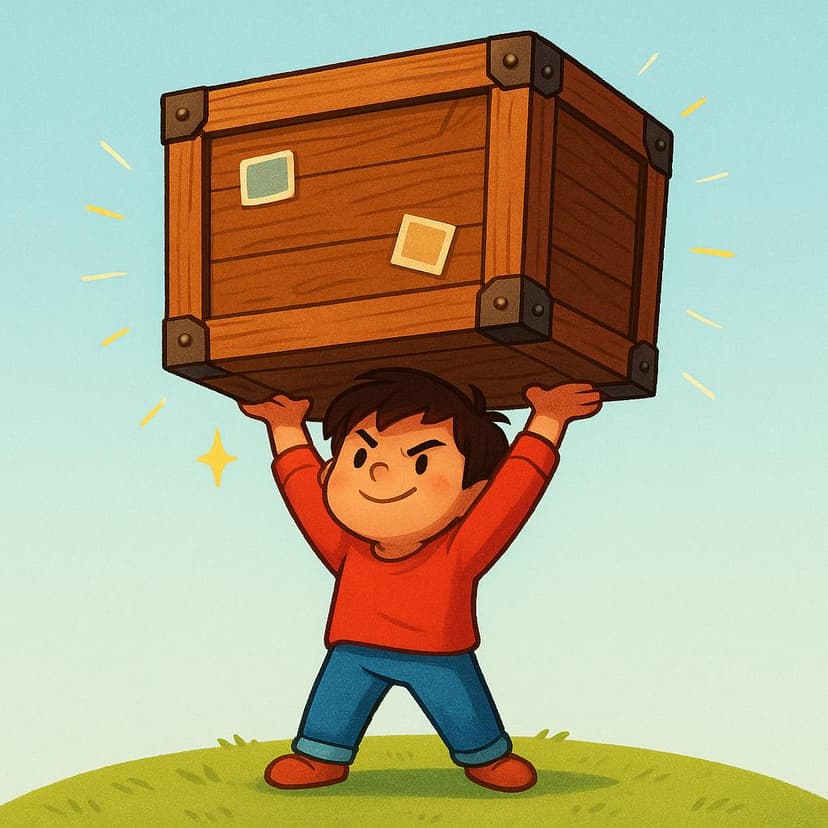 A small, determined character successfully lifting a massive, heavy wooden box high above their head, showing triumph and achieved ability.