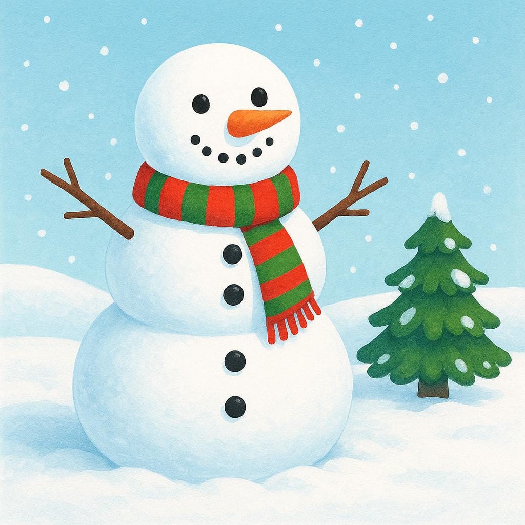 A cheerful snowman wearing a red and green striped scarf stands in a snowy landscape next to a small pine tree.