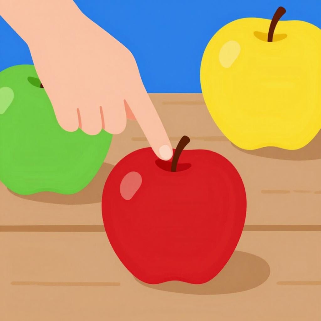 A person pointing their finger at one of three colorful apples on a wooden table.