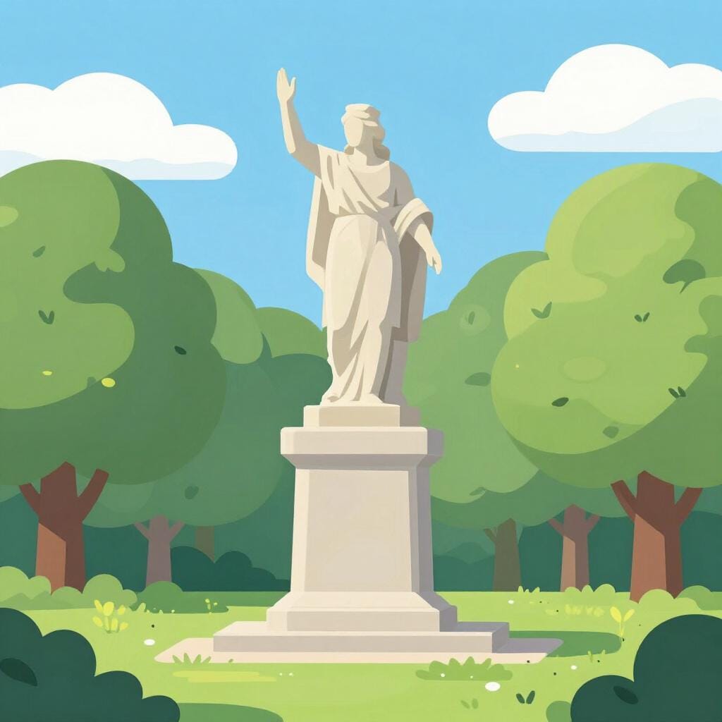 Un groupe d'ouvriers hissant avec soin une grande statue en pierre à sa place sur une place publique.