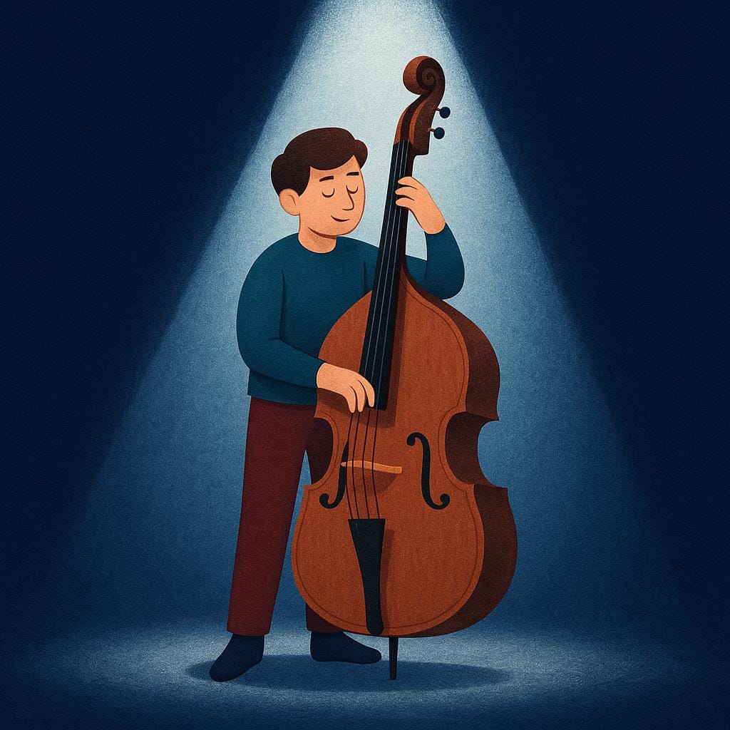 A single musician playing an upright bass under a bright spotlight on a simple stage.