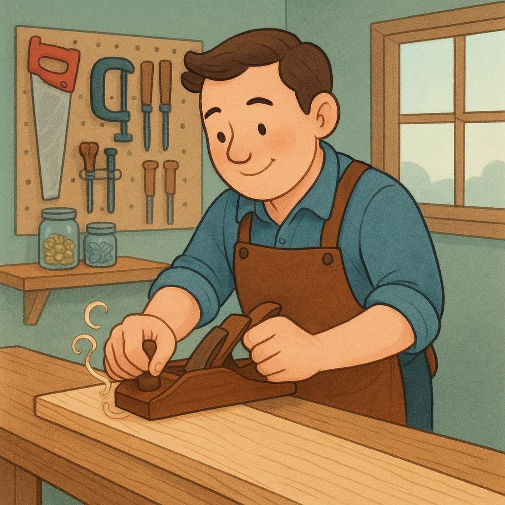 A carpenter wearing a tool belt is sanding a piece of wood on a workbench in a brightly lit workshop.