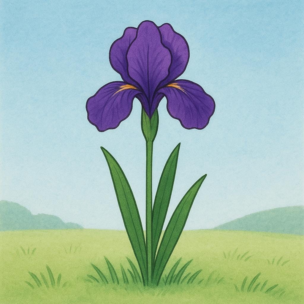 A simple illustration of a single purple iris flower blooming on a green stem.