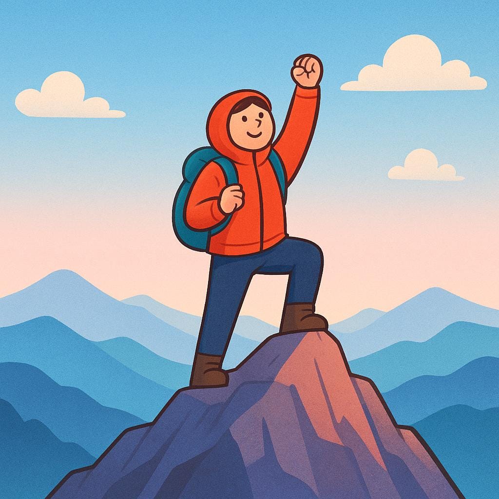 Een eenzame wandelaar staat triomfantelijk op de top van een berg en heft één vuist in de lucht.