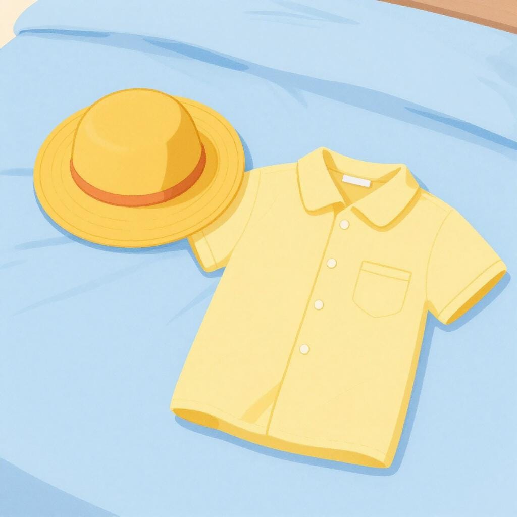 青いズボンに合わせた明るい黄色のシャツと、それに合う黄色の帽子。