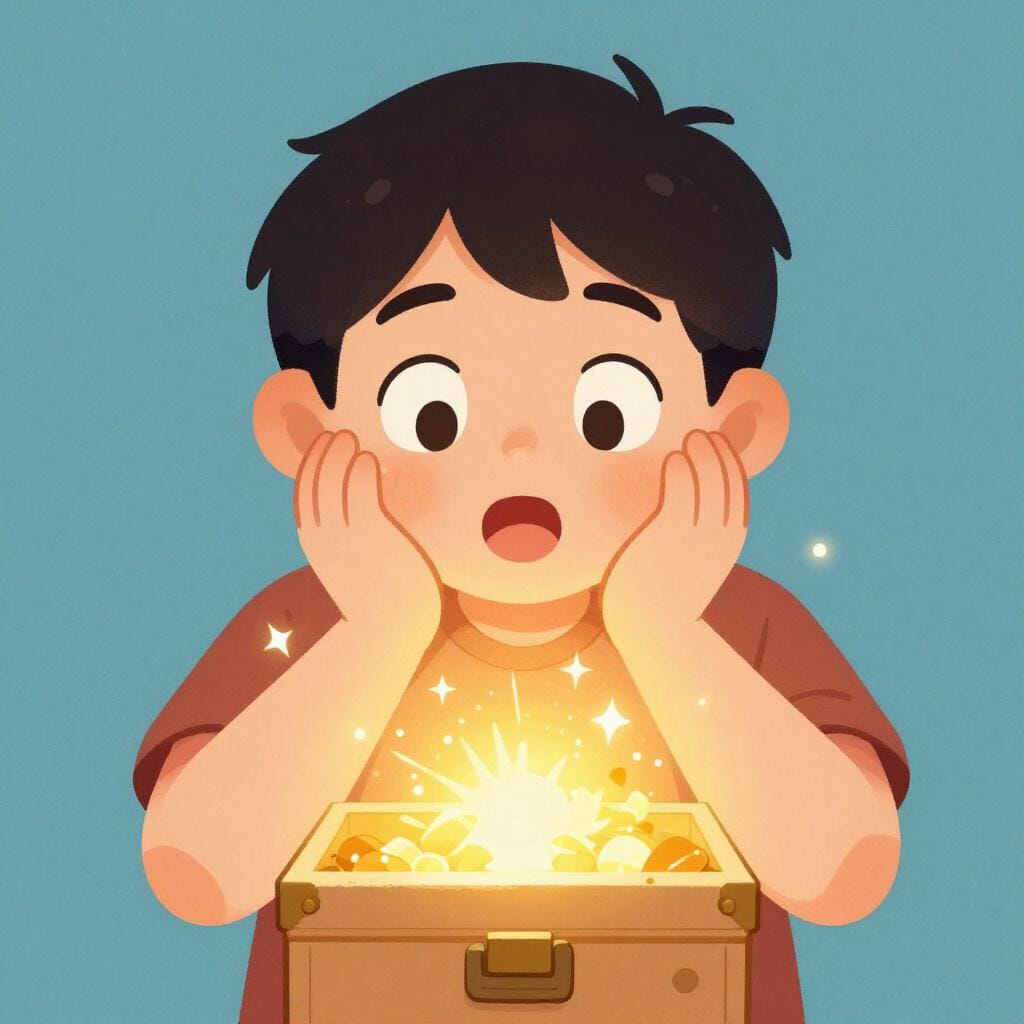 A person with a wide-open mouth and big eyes looking at a glowing, magical treasure chest.