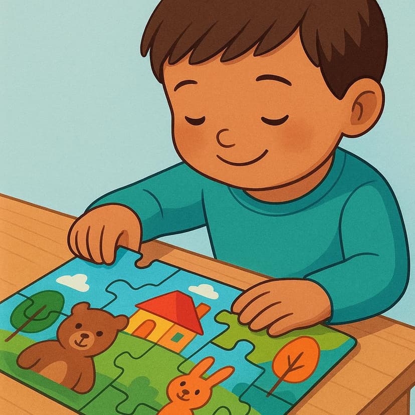 Eine farbenfrohe Illustration eines lächelnden Kindes, das das letzte Teil in ein fertiges Puzzle legt.