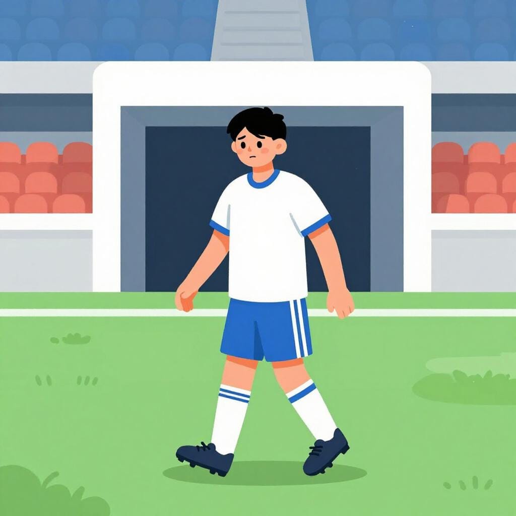 녹색 경기장에서 고개를 숙인 채 관중석으로 걸어가는 축구 선수.