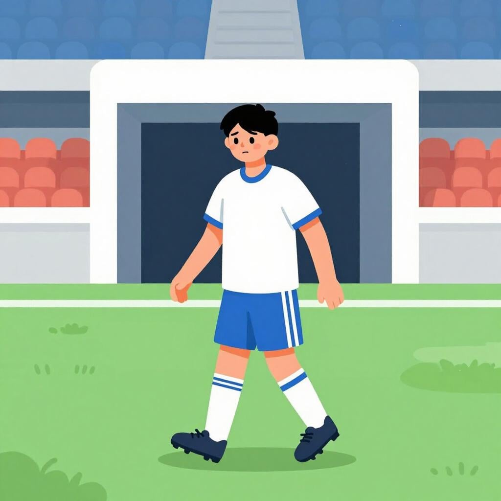 녹색 경기장에서 고개를 숙인 채 관중석으로 걸어가는 축구 선수.