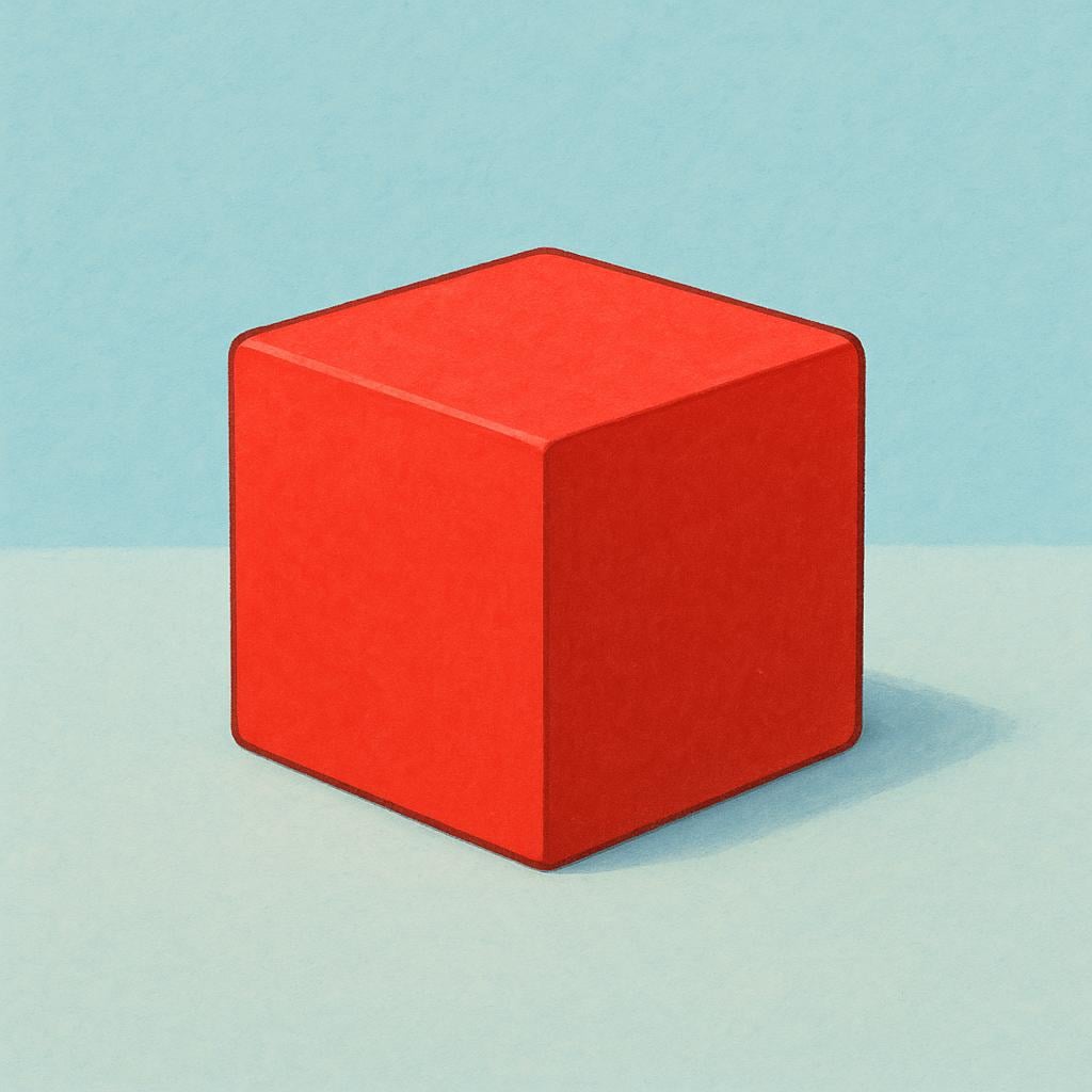 A simple red cube block resting on a flat, plain surface.