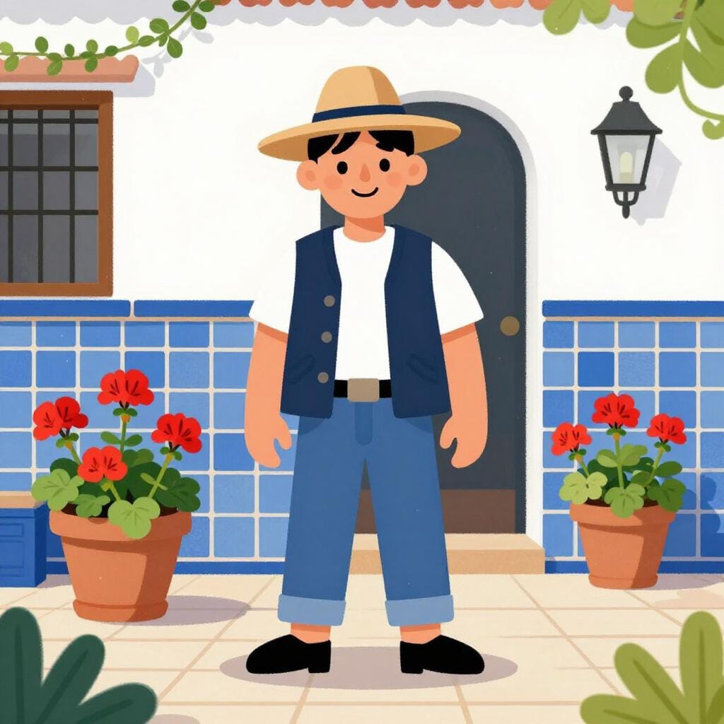 A person wearing a traditional wide-brimmed Spanish hat and a colorful vest, standing in a sunny courtyard.