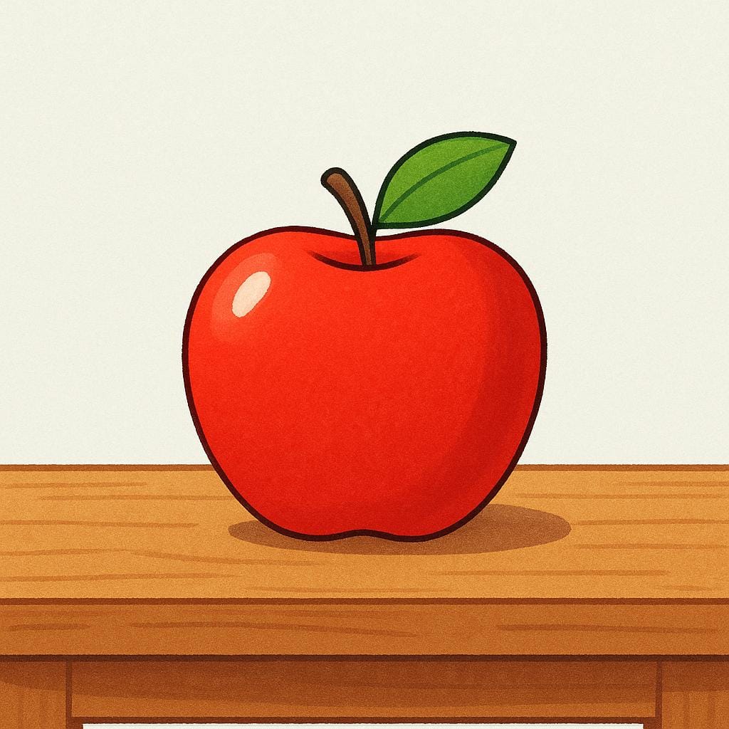 A bright red apple resting clearly on a simple wooden table, emphasizing its existence right now.