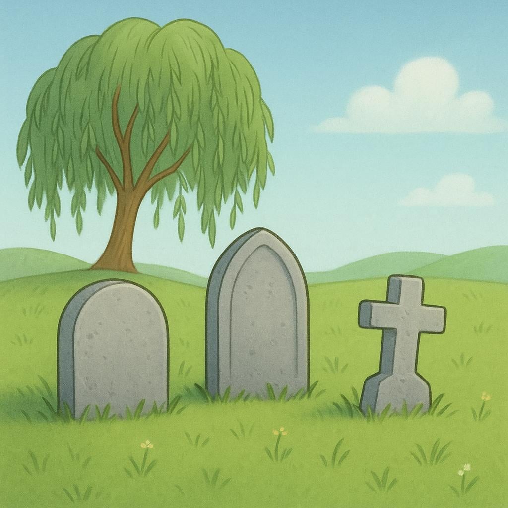 A view of a burial ground featuring several simple tombstones on green grass, backed by a large weeping willow tree.