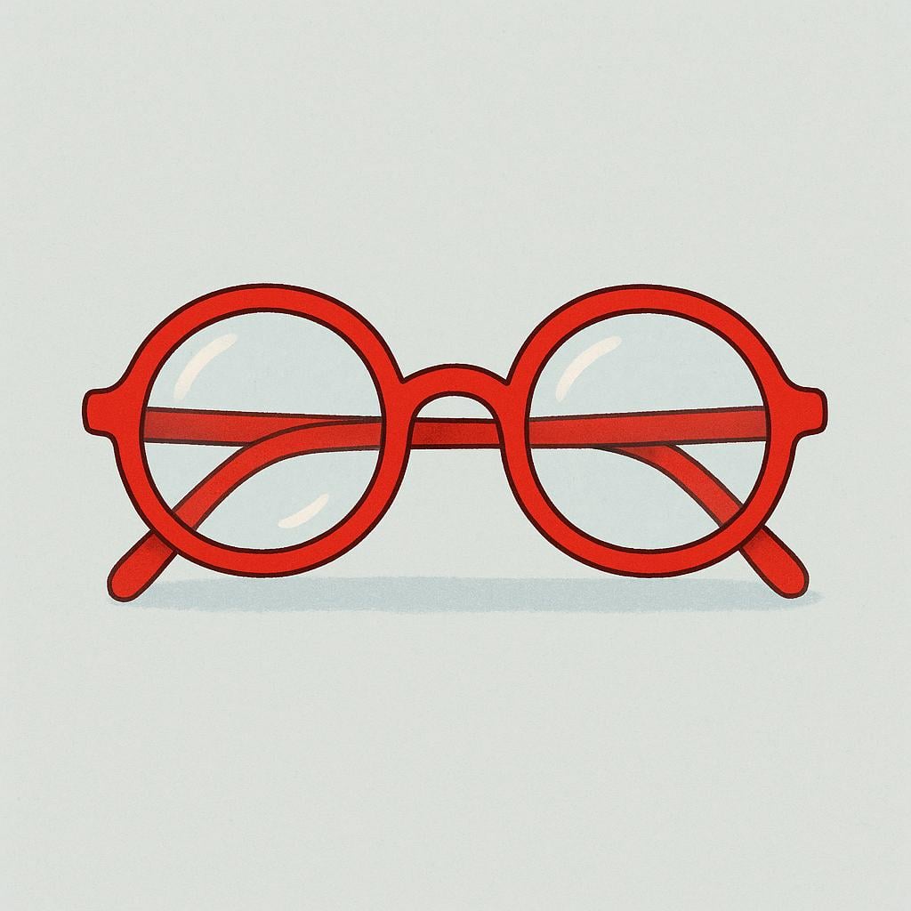 A simple, brightly colored storybook illustration of a pair of red-framed eyeglasses.