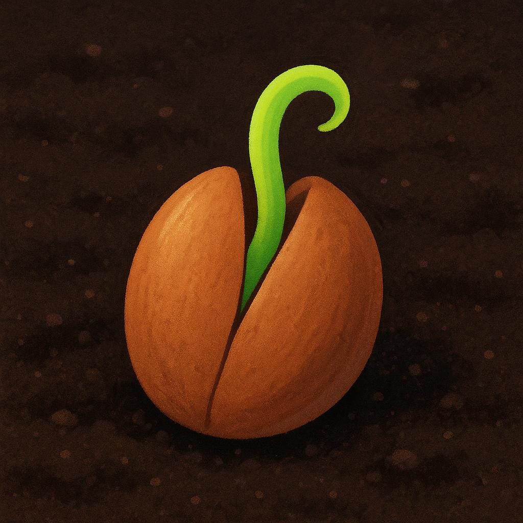 Une petite graine plantée dans de la terre brune, avec une minuscule pousse verte qui émerge à peine, symbolisant quelque chose qui est sur le point de se produire.