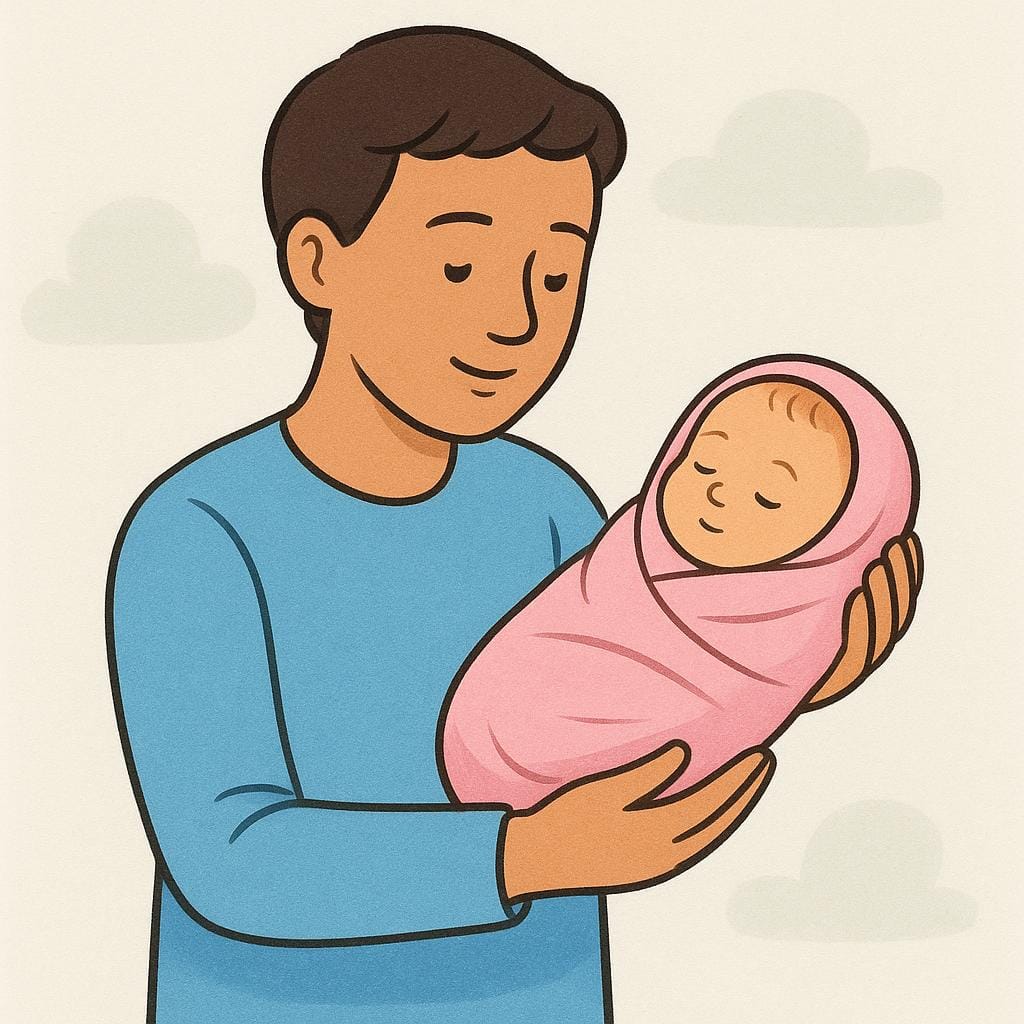 Eine freundliche erwachsene Figur präsentiert sanft ein in eine rosa Decke gewickeltes Baby, was den Moment symbolisiert, in dem das Baby einen Namen erhält.