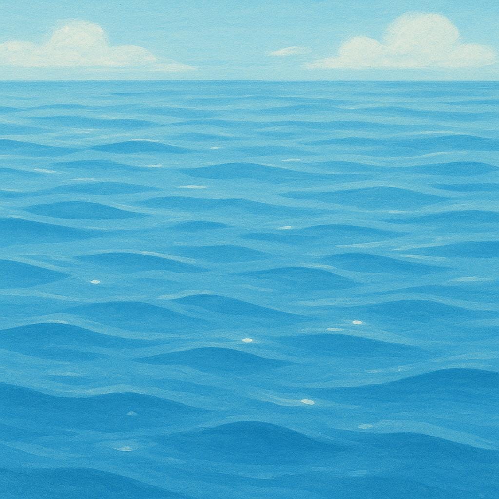 A close-up view of the smooth, reflective surface of a calm pond, showing the outer layer of the water.