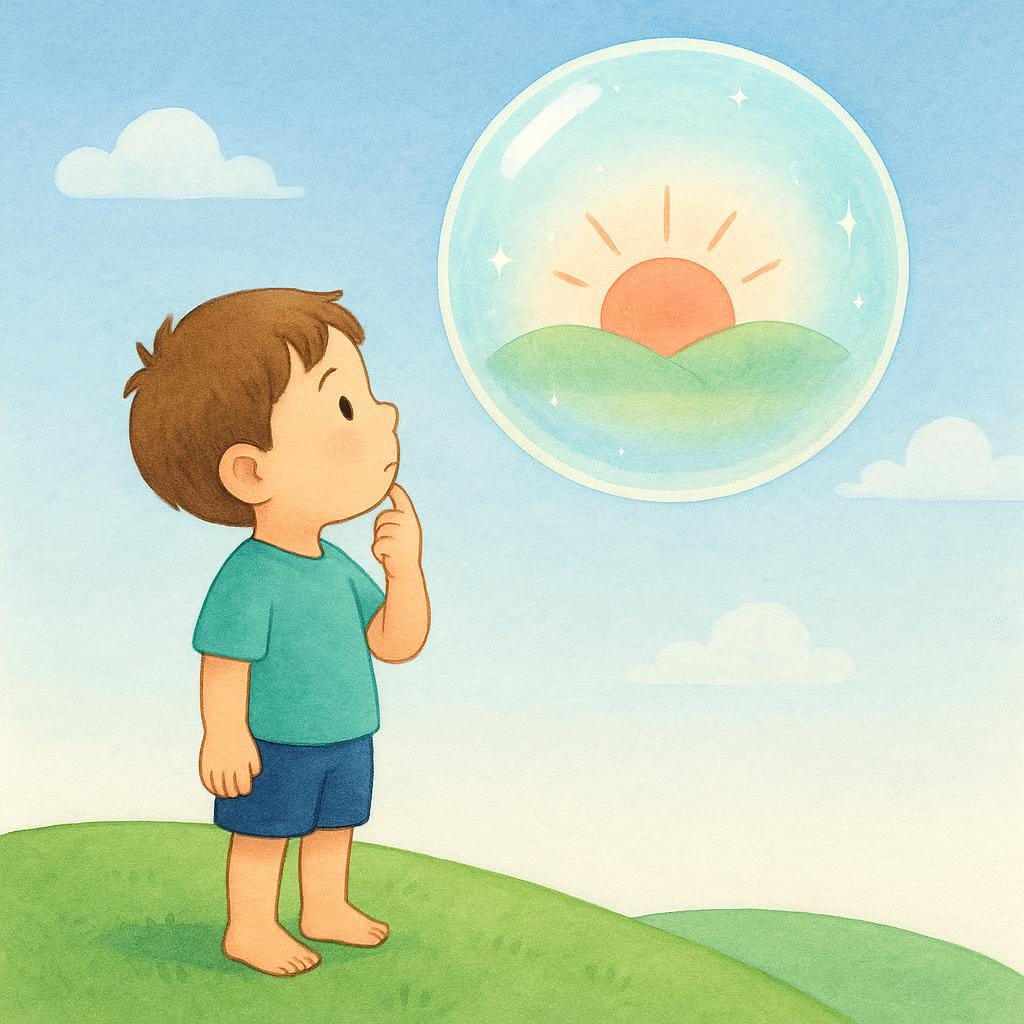 Un petit enfant se tient sur une colline herbeuse, regardant intensément une grande bulle translucide et chatoyante flottant juste au-dessus de sa main. À l'intérieur de la bulle, une scène miniature simple d'un soleil levant est faiblement visible, représentant un événement futur potentiel.