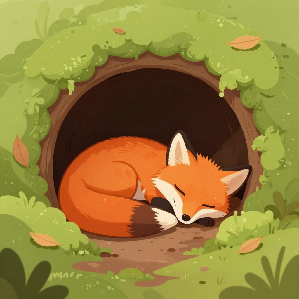 Ein gemütlicher Fuchs, eingerollt in einer warmen, erdigen Höhle unter den Wurzeln eines großen Baumes.