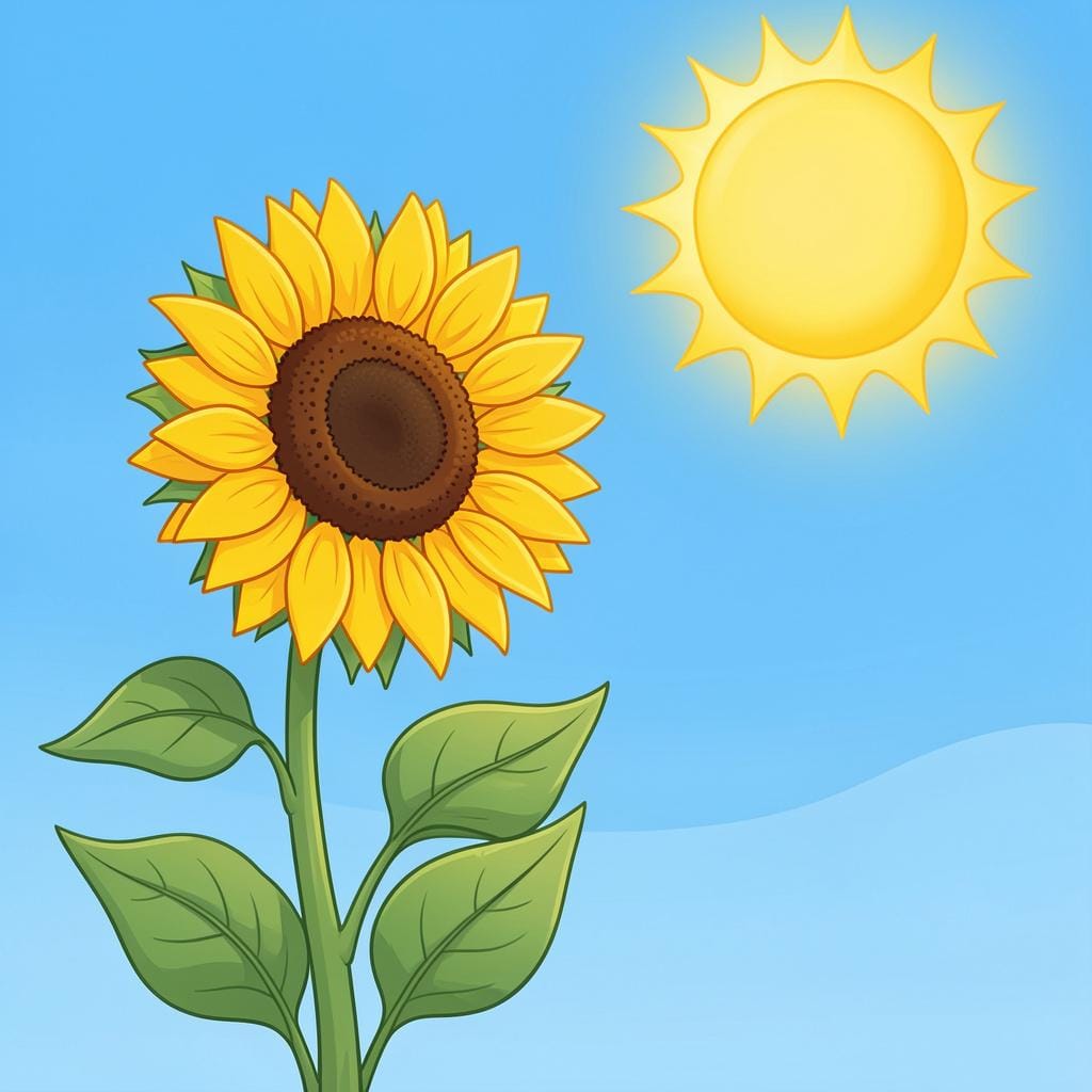 Um girassol amarelo brilhante levantando a cabeça em direção a um sol quente e brilhante em um céu azul claro.