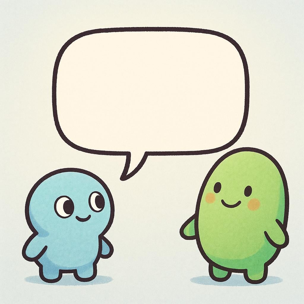 Two stylized cartoon figures standing opposite each other, sharing a large, empty speech bubble between them, symbolizing spoken language.