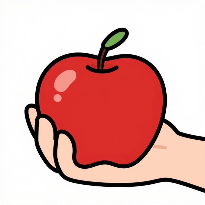 A stylized human hand firmly grasping a bright red apple.