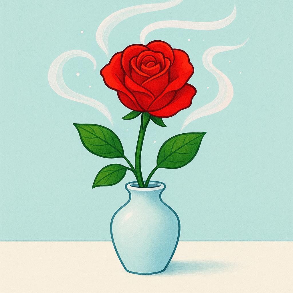 A vibrant red rose sitting in a simple vase, with visible wavy lines emanating from its petals, symbolizing scent.