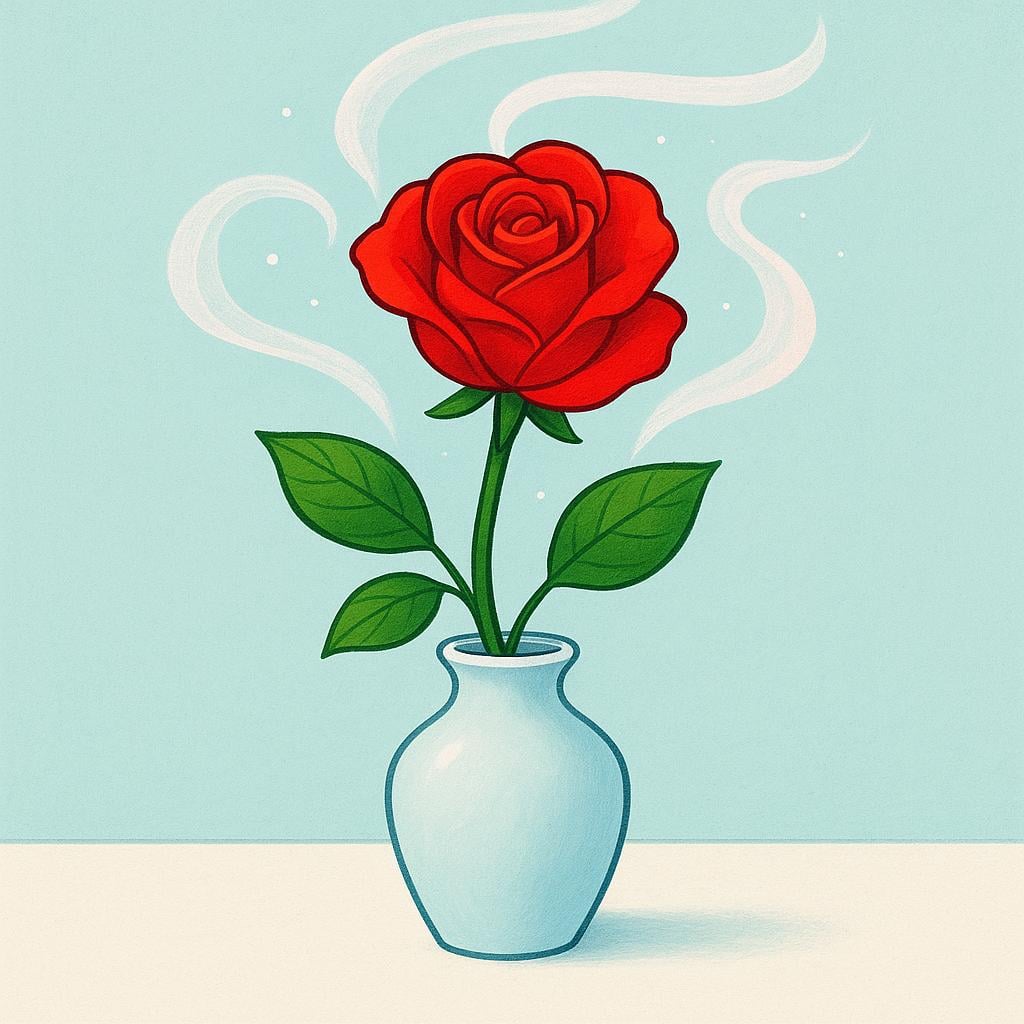 A vibrant red rose sitting in a simple vase, with visible wavy lines emanating from its petals, symbolizing scent.