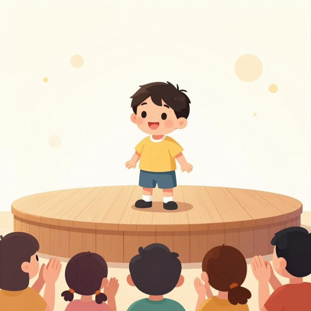 A smiling boy standing on a stage while people clap for him.
