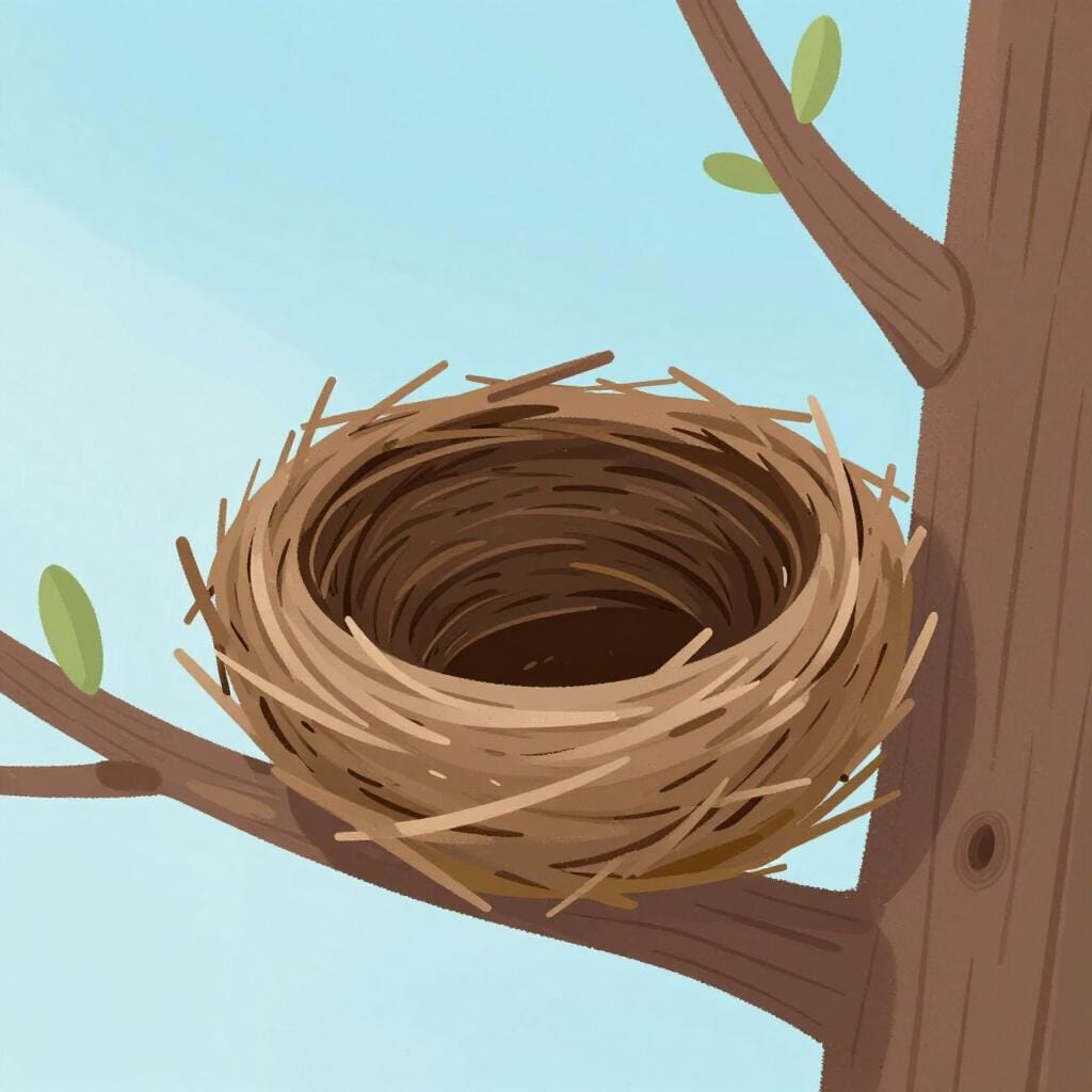 Une illustration colorée de livre d'histoires montrant un nid d'oiseau vide sur une branche, sans ses œufs.